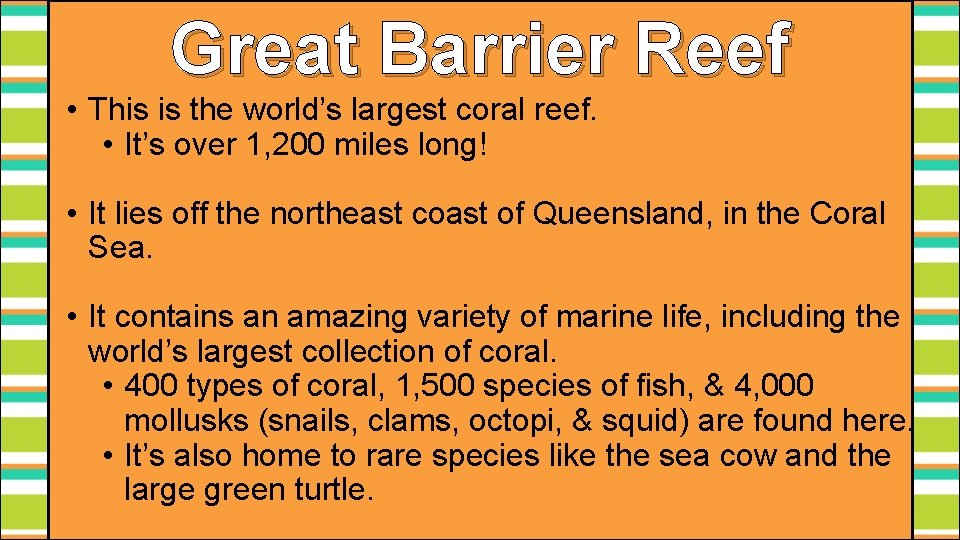 Great Barrier Reef • This is the world’s largest coral reef. • It’s over