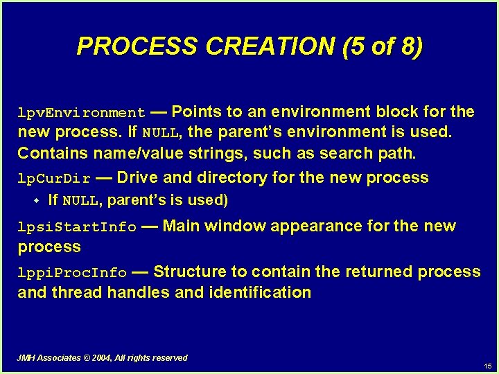 PROCESS CREATION (5 of 8) lpv. Environment — Points to an environment block for PROCESS CREATION (5 of 8) lpv. Environment — Points to an environment block for