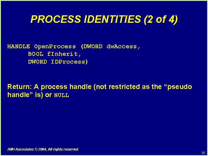 PROCESS IDENTITIES (2 of 4) HANDLE Open. Process (DWORD dw. Access, BOOL f. Inherit, PROCESS IDENTITIES (2 of 4) HANDLE Open. Process (DWORD dw. Access, BOOL f. Inherit,