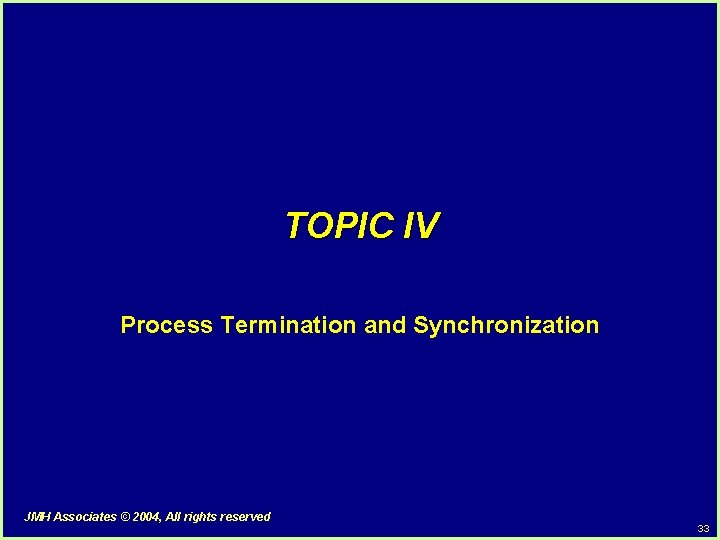 TOPIC IV Process Termination and Synchronization JMH Associates © 2004, All rights reserved 33 TOPIC IV Process Termination and Synchronization JMH Associates © 2004, All rights reserved 33