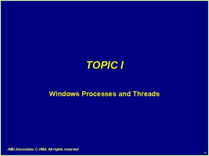 TOPIC I Windows Processes and Threads JMH Associates © 2004, All rights reserved 4 TOPIC I Windows Processes and Threads JMH Associates © 2004, All rights reserved 4