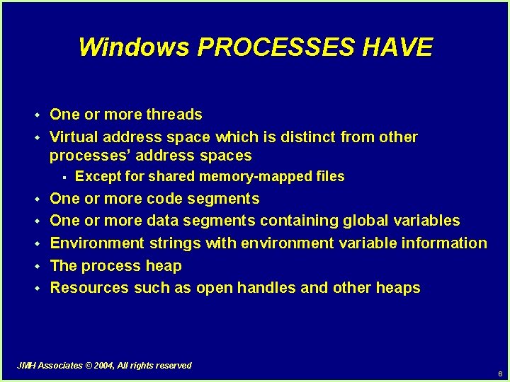 Windows PROCESSES HAVE w w One or more threads Virtual address space which is Windows PROCESSES HAVE w w One or more threads Virtual address space which is