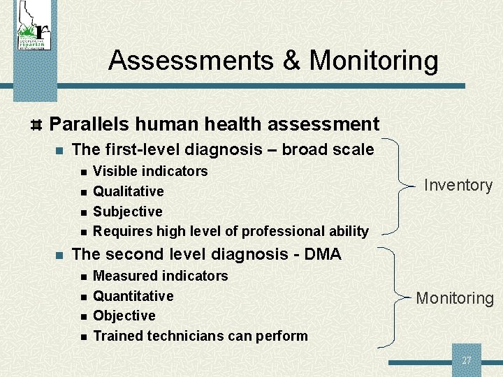 Assessments & Monitoring Parallels human health assessment n The first-level diagnosis – broad scale