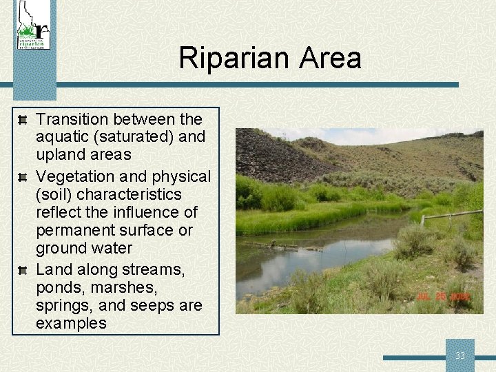 Riparian Area Transition between the aquatic (saturated) and upland areas Vegetation and physical (soil)