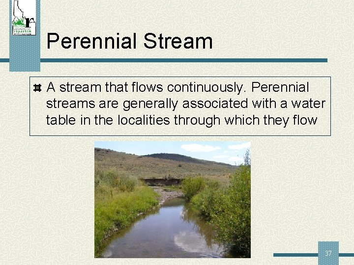 Perennial Stream A stream that flows continuously. Perennial streams are generally associated with a