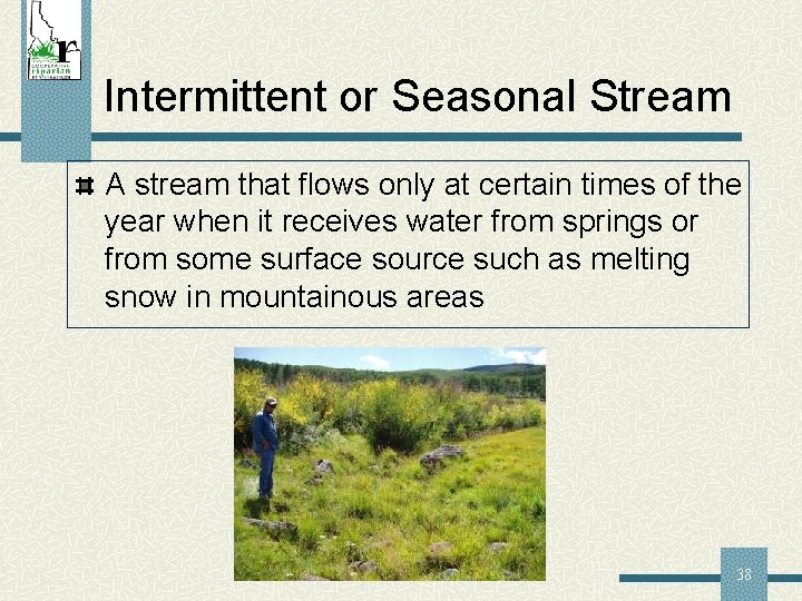 Intermittent or Seasonal Stream A stream that flows only at certain times of the