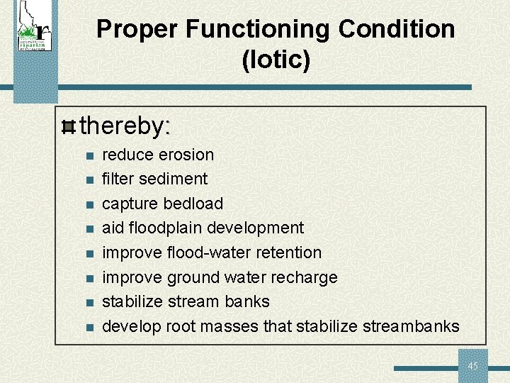 Proper Functioning Condition (lotic) thereby: n n n n reduce erosion filter sediment capture