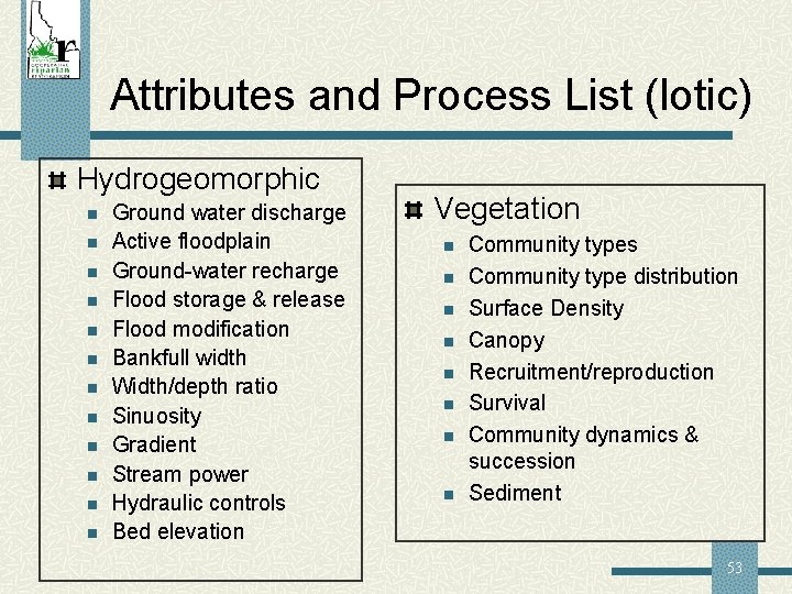 Attributes and Process List (lotic) Hydrogeomorphic n n n Ground water discharge Active floodplain