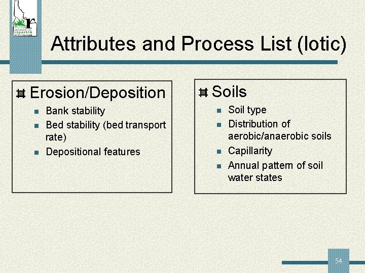 Attributes and Process List (lotic) Erosion/Deposition n Bank stability Bed stability (bed transport rate)