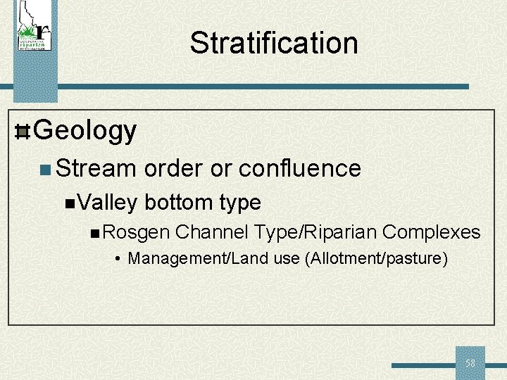 Stratification Geology n Stream n Valley order or confluence bottom type n Rosgen Channel