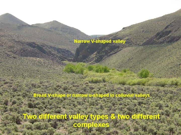 Narrow V-shaped valley Broad V-shape or narrow u-shaped in colluvial valleys Two different valley