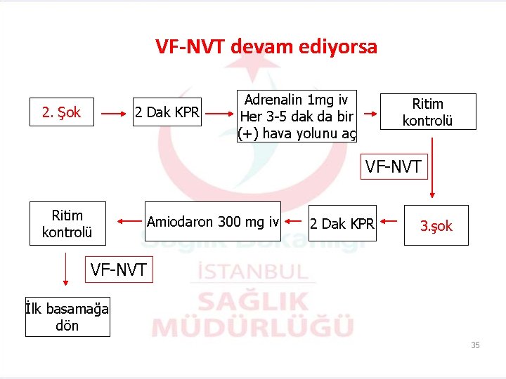 VF-NVT devam ediyorsa 2. Şok 2 Dak KPR Adrenalin 1 mg iv Her 3