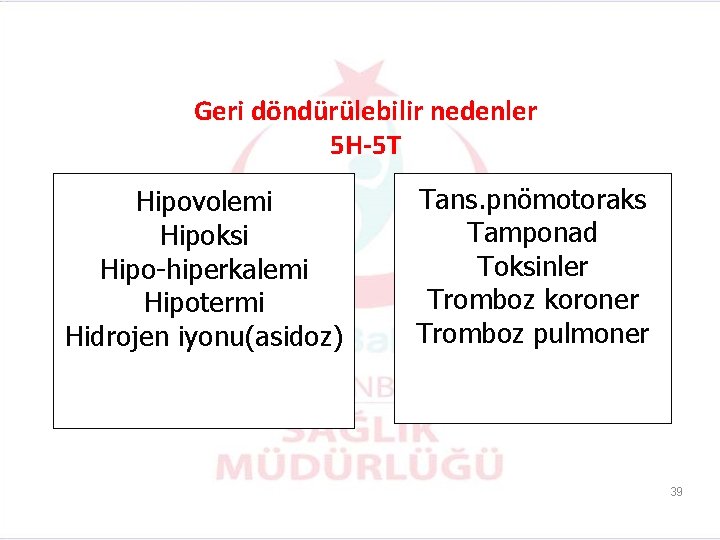 Geri döndürülebilir nedenler 5 H-5 T Hipovolemi Hipoksi Hipo-hiperkalemi Hipotermi Hidrojen iyonu(asidoz) Tans. pnömotoraks