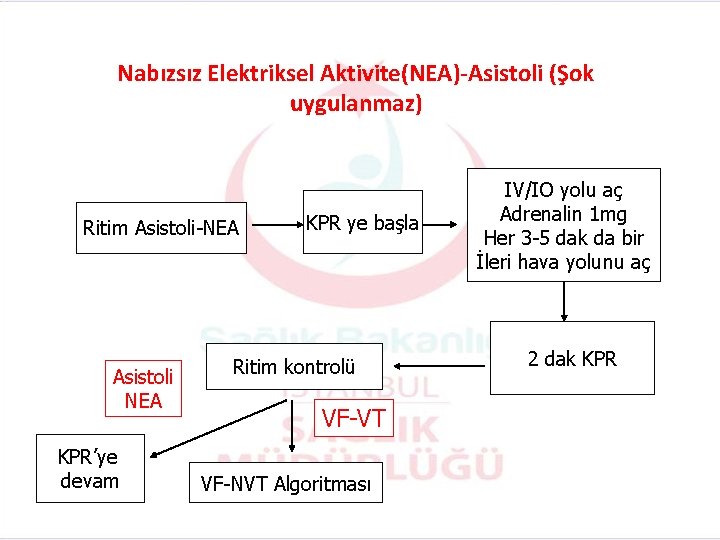 Nabızsız Elektriksel Aktivite(NEA)-Asistoli (Şok uygulanmaz) Ritim Asistoli-NEA Asistoli NEA KPR’ye devam KPR ye başla