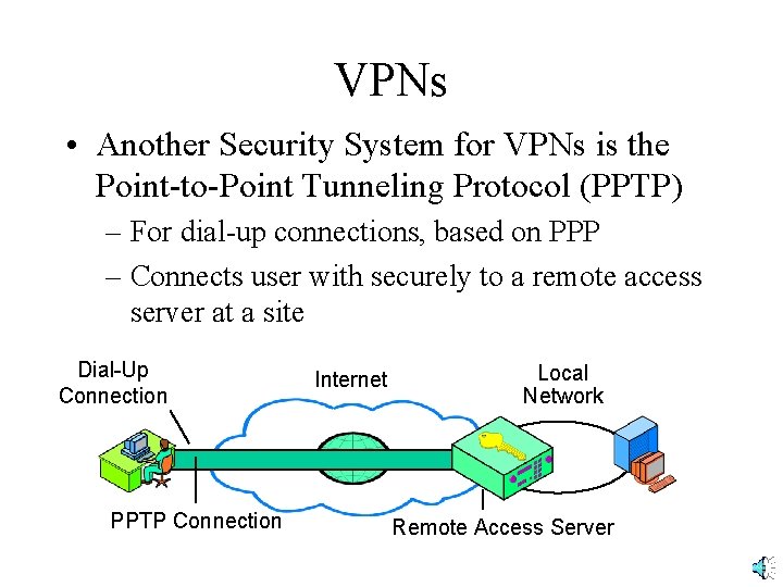 VPNs • Another Security System for VPNs is the Point-to-Point Tunneling Protocol (PPTP) –