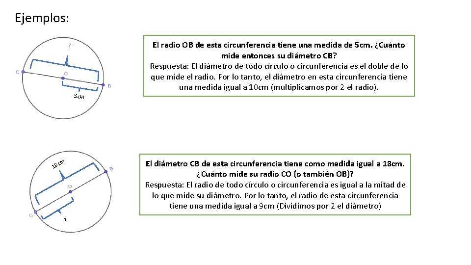 Ejemplos: ? 5 cm El radio OB de esta circunferencia tiene una medida de