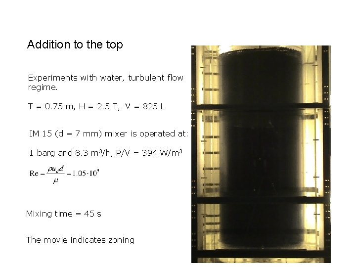 Addition to the top Experiments with water, turbulent flow regime. T = 0. 75