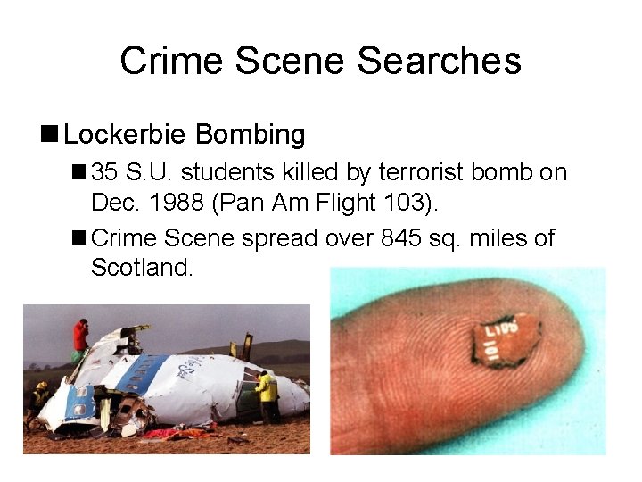 Crime Scene Searches n Lockerbie Bombing n 35 S. U. students killed by terrorist