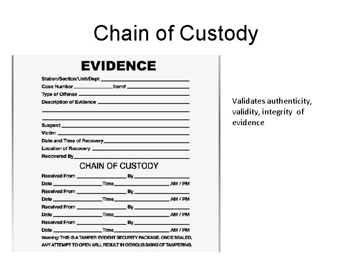 Chain of Custody Validates authenticity, validity, integrity of evidence 