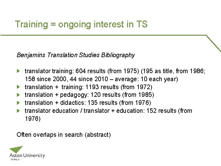 Training = ongoing interest in TS Benjamins Translation Studies Bibliography translator training: 604 results