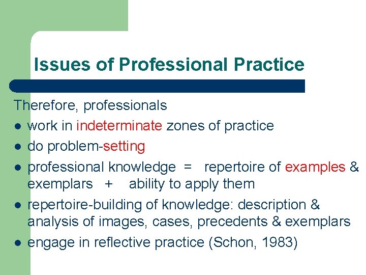 Issues of Professional Practice Therefore, professionals l work in indeterminate zones of practice l