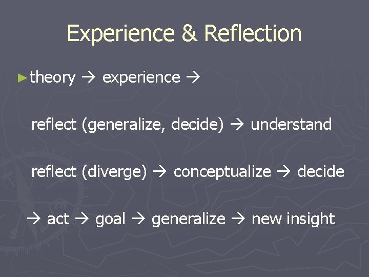 Experience & Reflection ► theory experience reflect (generalize, decide) understand reflect (diverge) conceptualize decide