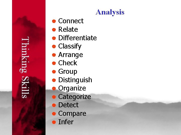 Analysis | | Thinking Skills | | | Connect Relate Differentiate Classify Arrange Check
