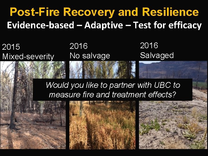 Post-Fire Recovery and Resilience Evidence-based – Adaptive – Test for efficacy 2015 Mixed-severity 2016