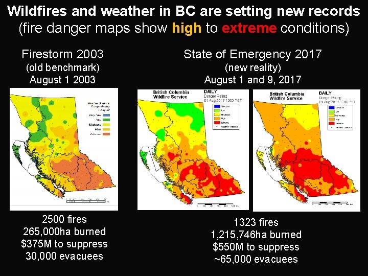 Wildfires and weather in BC are setting new records (fire danger maps show high