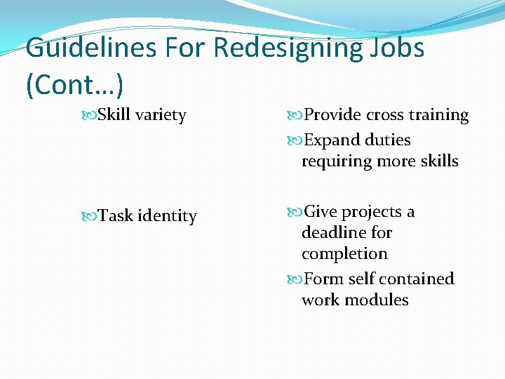 Guidelines For Redesigning Jobs (Cont…) Skill variety Provide cross training Expand duties requiring more