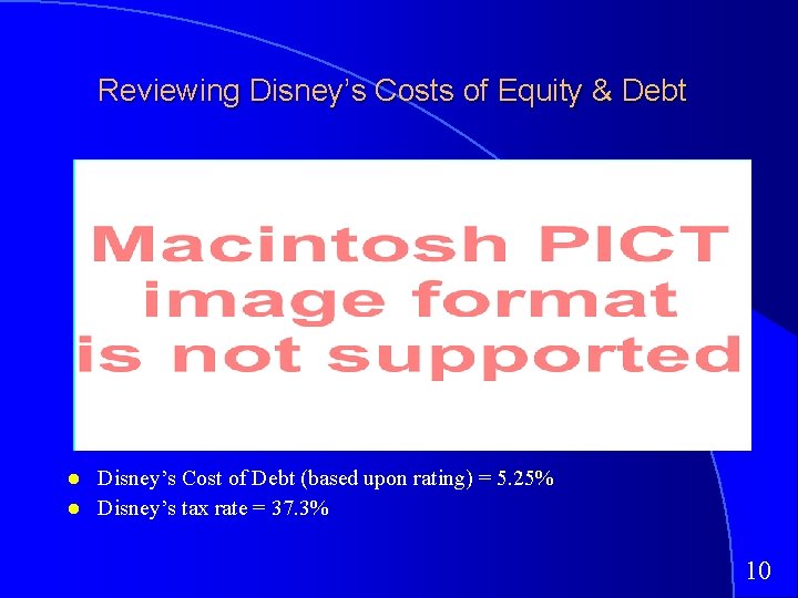 Reviewing Disney’s Costs of Equity & Debt Disney’s Cost of Debt (based upon rating)