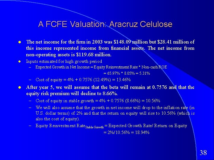 A FCFE Valuation: Aracruz Celulose The net income for the firm in 2003 was A FCFE Valuation: Aracruz Celulose The net income for the firm in 2003 was