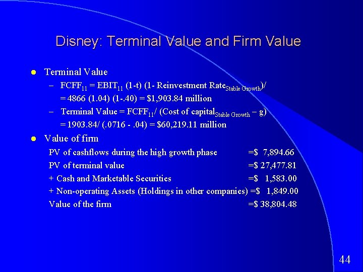 Disney: Terminal Value and Firm Value Terminal Value – FCFF 11 = EBIT 11