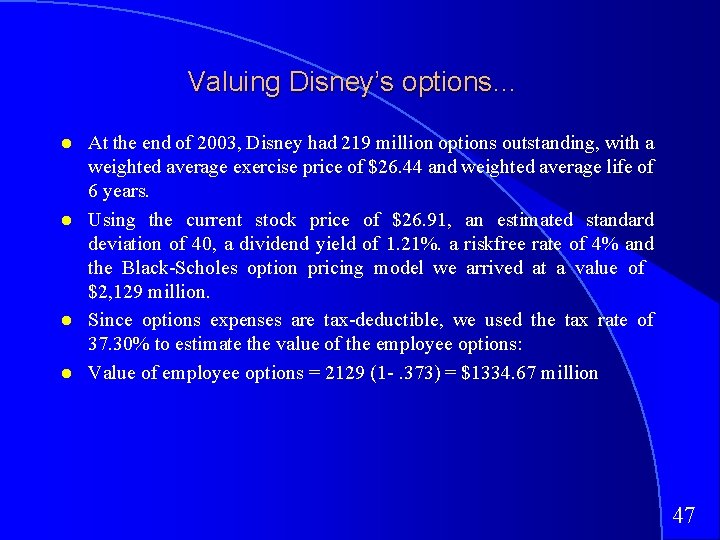 Valuing Disney’s options… At the end of 2003, Disney had 219 million options outstanding,