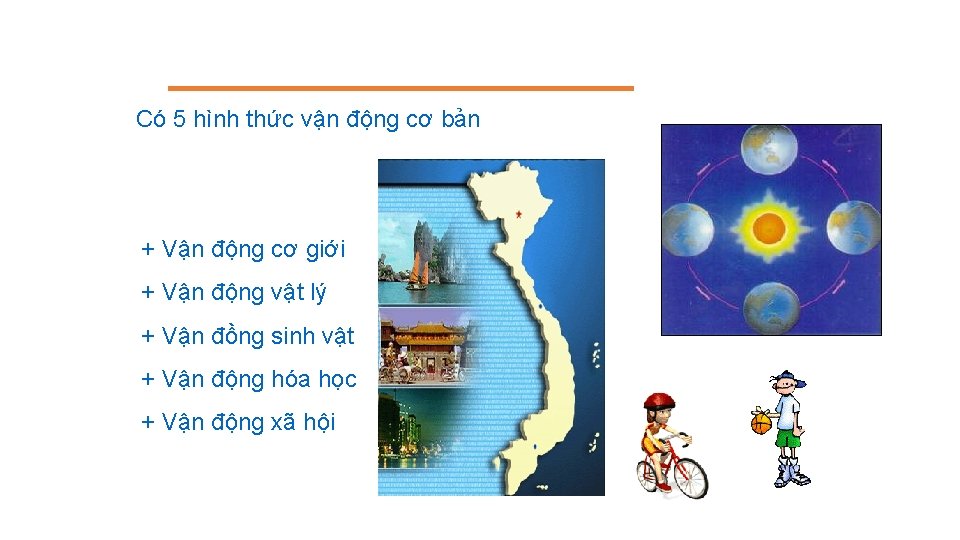 Có 5 hình thức vận động cơ bản + Vận động cơ giới + Có 5 hình thức vận động cơ bản + Vận động cơ giới +