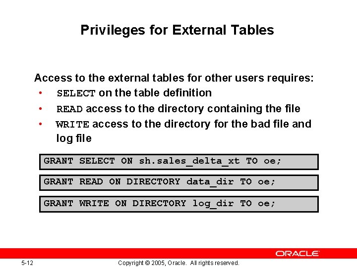 Privileges for External Tables Access to the external tables for other users requires: •