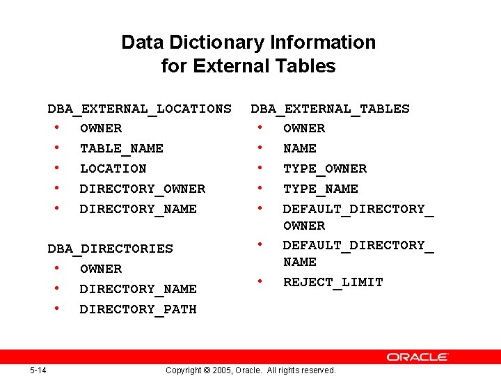 Data Dictionary Information for External Tables DBA_EXTERNAL_LOCATIONS • OWNER • TABLE_NAME • LOCATION •