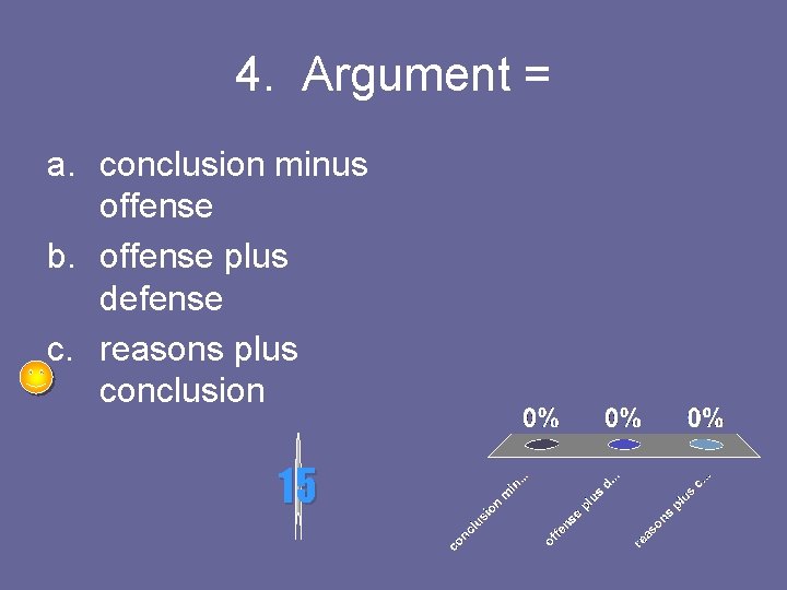 4. Argument = a. conclusion minus offense b. offense plus defense c. reasons plus