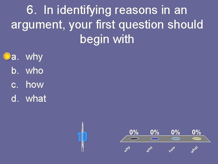 6. In identifying reasons in an argument, your first question should begin with a.