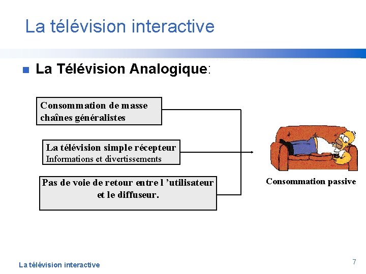 La télévision interactive n La Télévision Analogique: Consommation de masse chaînes généralistes La télévision
