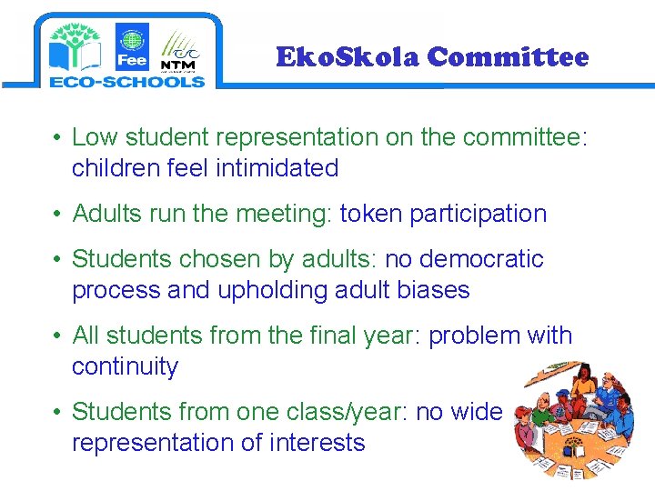 Eko. Skola Committee • Low student representation on the committee: children feel intimidated •