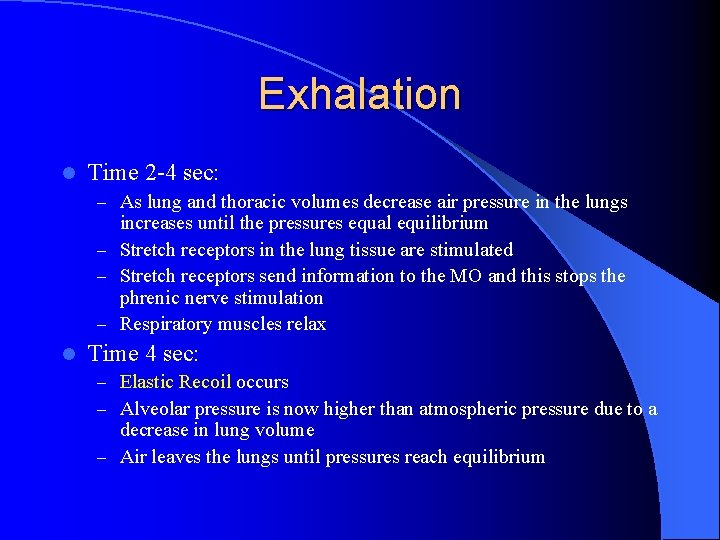 Exhalation l Time 2 -4 sec: – As lung and thoracic volumes decrease air
