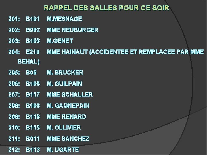 RAPPEL DES SALLES POUR CE SOIR 201: B 101 M. MESNAGE 202: B 002