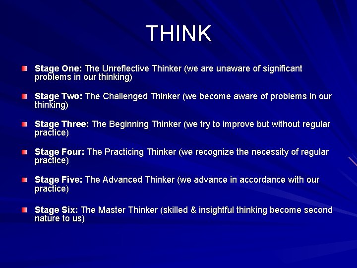 THINK Stage One: The Unreflective Thinker (we are unaware of significant problems in our