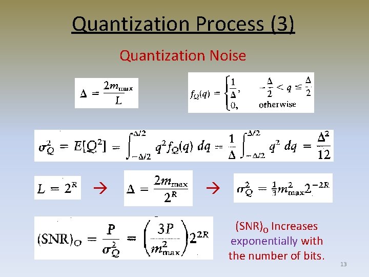 Quantization Process (3) Quantization Noise (SNR)O Increases exponentially with the number of bits. 13