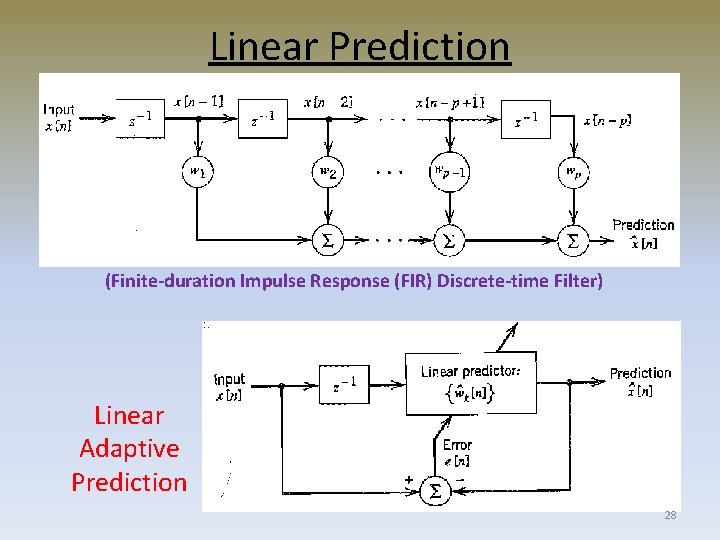 Linear Prediction (Finite-duration Impulse Response (FIR) Discrete-time Filter) Linear Adaptive Prediction 28 