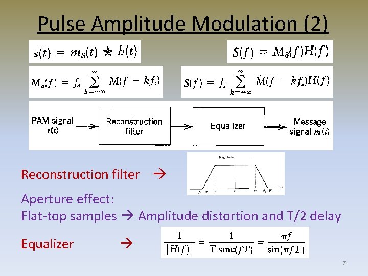 Pulse Amplitude Modulation (2) Reconstruction filter Aperture effect: Flat-top samples Amplitude distortion and T/2
