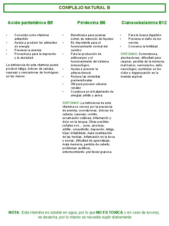 COMPLEJO NATURAL B Acido pantoténico B 5 • • Conocida como vitamina antiestrés Ayuda