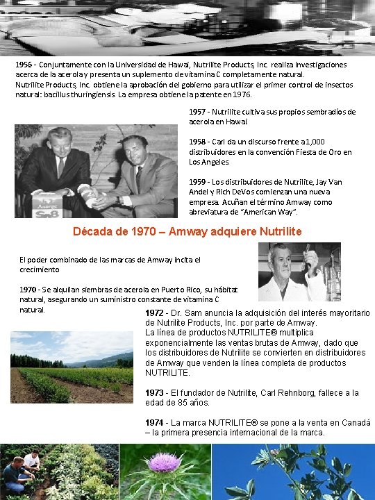 1956 - Conjuntamente con la Universidad de Hawai, Nutrilite Products, Inc. realiza investigaciones acerca