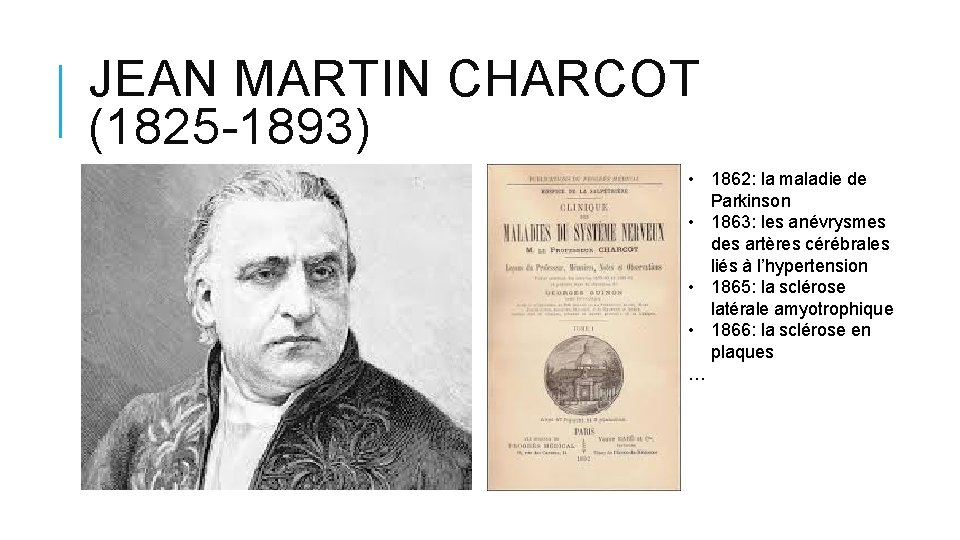 JEAN MARTIN CHARCOT (1825 -1893) • 1862: la maladie de Parkinson • 1863: les JEAN MARTIN CHARCOT (1825 -1893) • 1862: la maladie de Parkinson • 1863: les